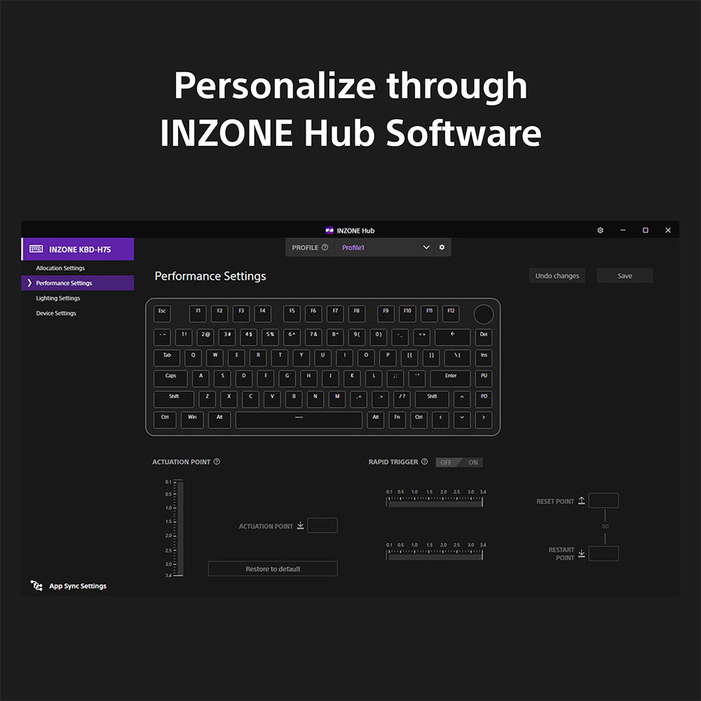 Sony INZONE KBD-H75 75% Wired Aluminum Chassis Gaming Keyboard, Hall-Effect Switch, Rapid Trigger, Adjustable Actuation Point, 8000 Hz Polling Rate, RGB Lighting, Volume Dial