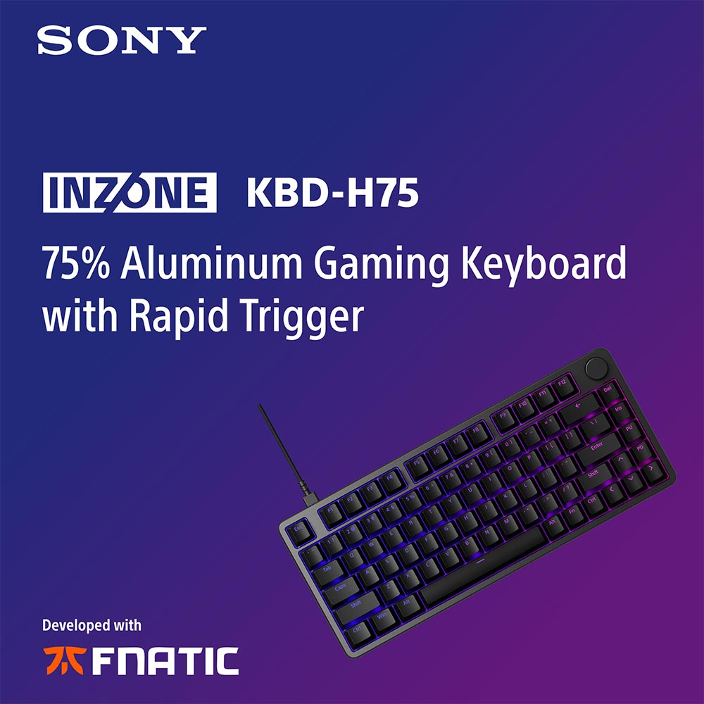 Sony INZONE KBD-H75 75% Wired Aluminum Chassis Gaming Keyboard, Hall-Effect Switch, Rapid Trigger, Adjustable Actuation Point, 8000 Hz Polling Rate, RGB Lighting, Volume Dial