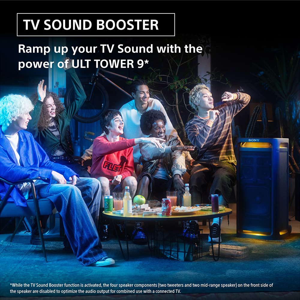 Sony ULT TOWER 9 Party Speaker with Massive Bass,360° Sound and Party Lights,Karaoke ,Touch Panel, Bluetooth,TV Sound Booster, Corded Electric (SRS-ULT900)- Get Wireless Dual ULTMIC1