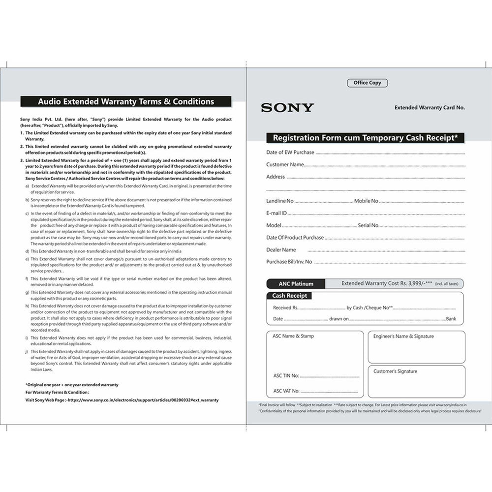 SONY AUDIO +1 Year Extended Warranty-ANC Platinum
