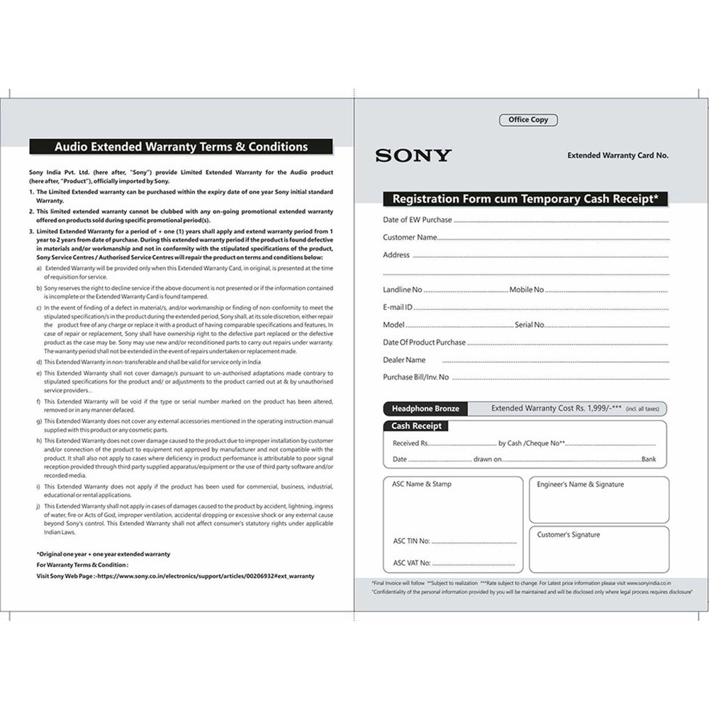 SONY AUDIO +1 Year Extended Warranty-Headphone Bronze