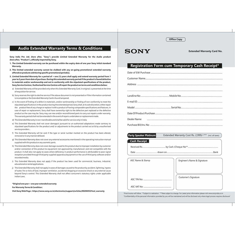 SONY AUDIO +1 Year Extended Warranty-Party Speaker Platinum
