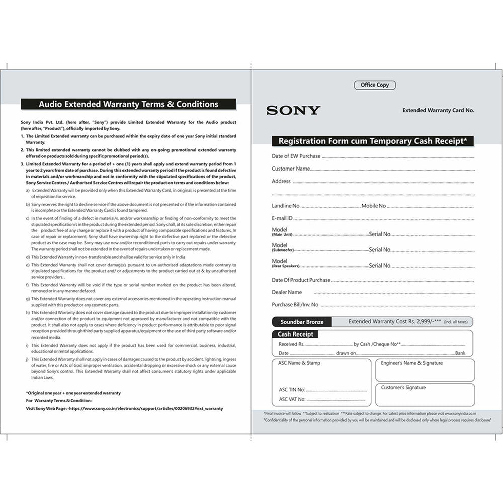 SONY AUDIO +1 Year Extended Warranty-Soundbar Bronze