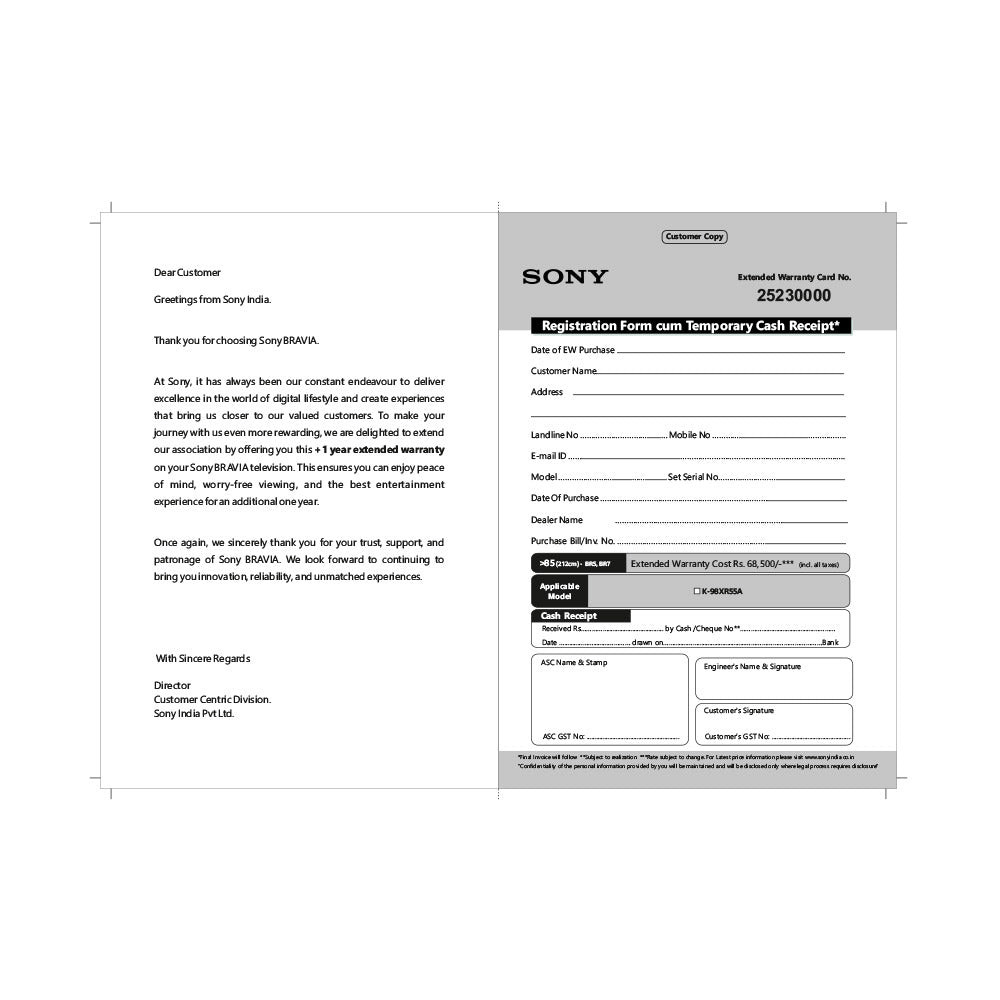 SONY BRAVIA +1Yr LCDEW Above >212 cm(>85)-(BR5/BR7)