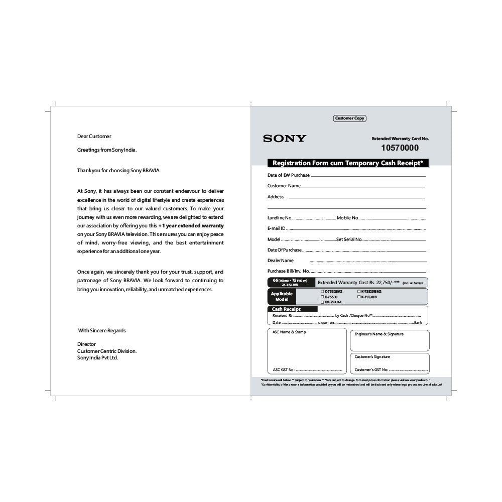 SONY BRAVIA +1Yr LCDEW 165cm(66)-189cm(75)(2K/BR2/BR3)