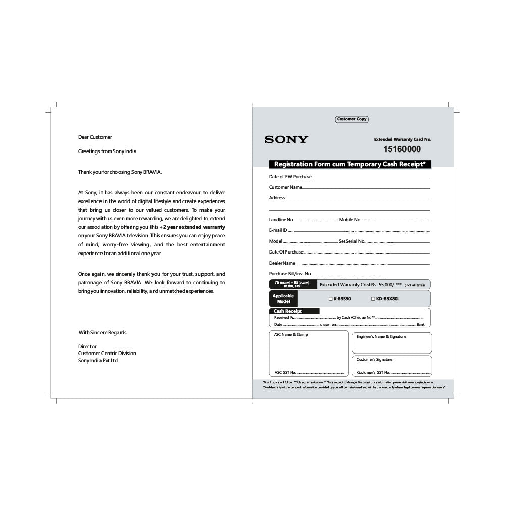 SONY BRAVIA +2Yr LCDEW 189cm(76)-212cm(85)(2K/BR2/BR3)