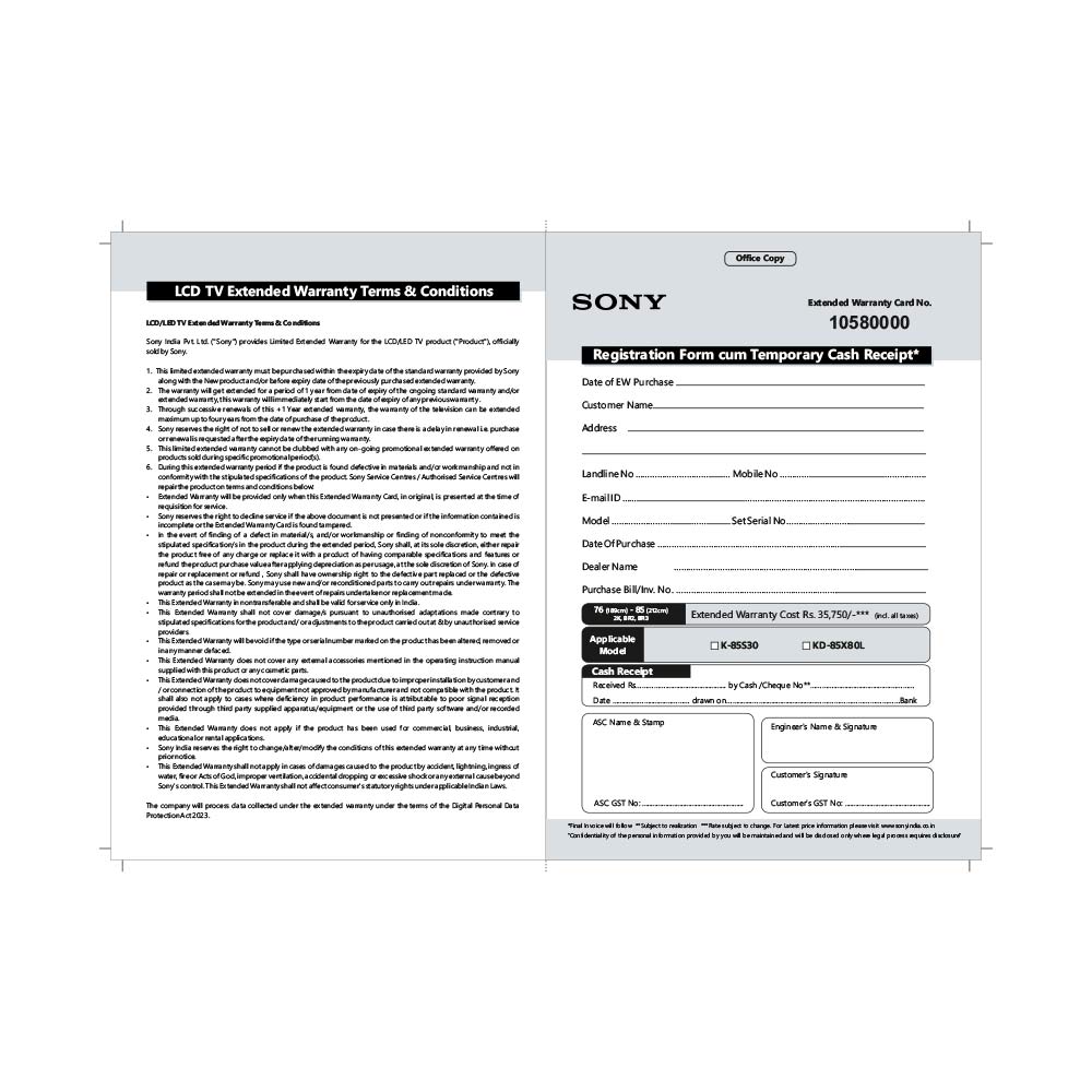 SONY BRAVIA +1Yr LCDEW 189cm(76)-212cm(85)(2K/BR2/BR3)