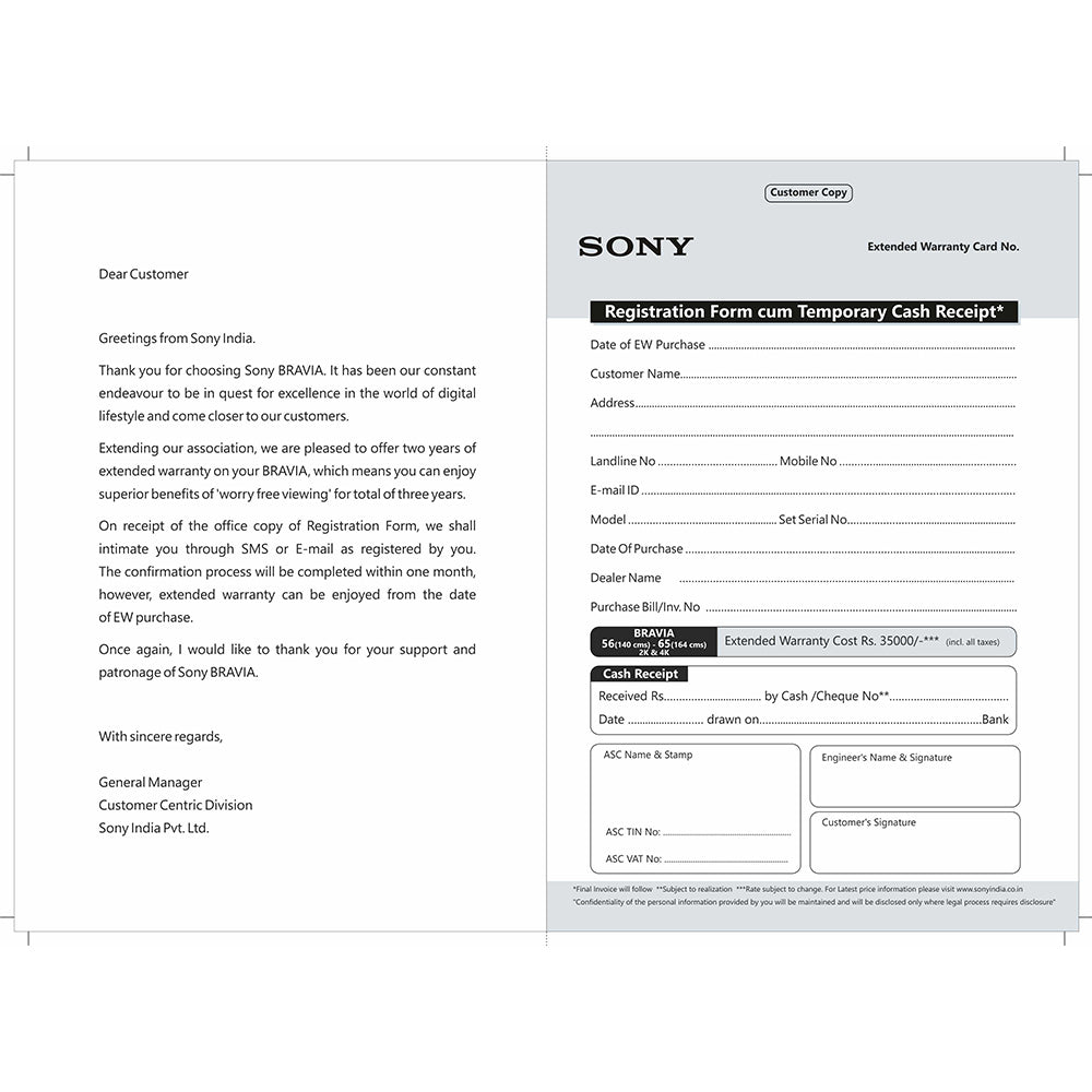 SONY BRAVIA +2 Year Extended Warranty-140cm (56) – 164cm(65) 2K & 4K