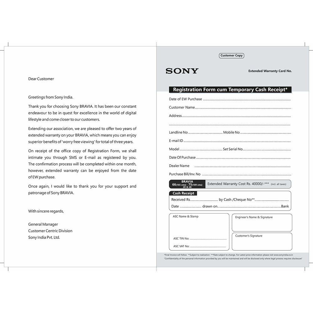 SONY BRAVIA +2 Year Extended Warranty-165cm (66) – 189cm(75) 2K & 4K