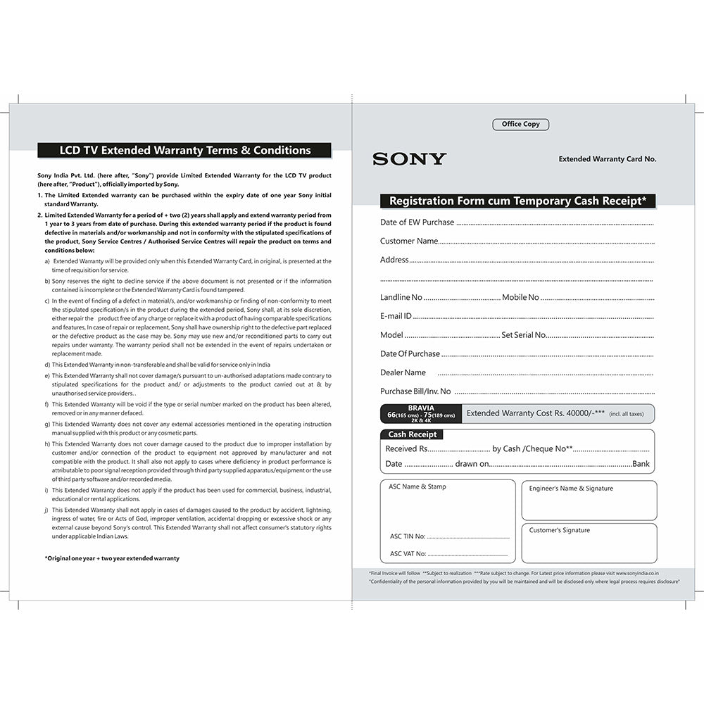 SONY BRAVIA +2 Year Extended Warranty-165cm (66) – 189cm(75) 2K & 4K