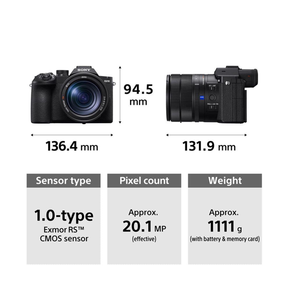 Sony RX10 V 24–600 mm Zoom| Wide-angle to Super-telephoto | F2.4-4.0 zoom lens|1.0-type Exmor RS CMOS sensor | 20.1 MP| 30fps burst shooting - Black