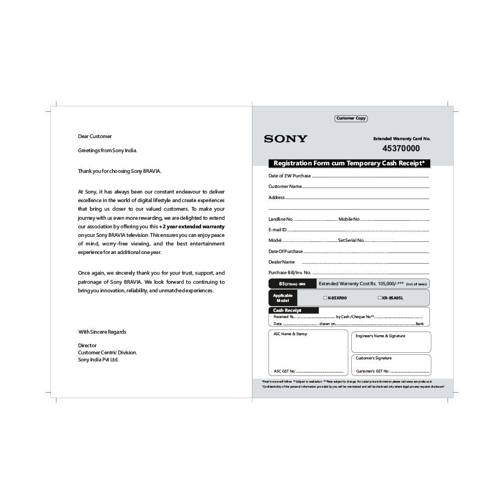 SONY BRAVIA +2Yr LCD EW 212cm(85)-(BR9)