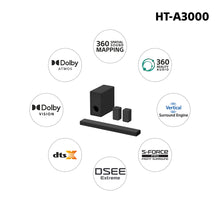 Load image into Gallery viewer, Sony HT-A3000 5.1ch 360 Spatial Sound Mapping SoundbarHome theatre system with Dolby Atmos and wireless Subwoofer SA-SW3 &amp; Rear Speaker SA-RS3S( 550W,Bluetooth,360 RA,HDMI eArc &amp; Optical Connectivity)