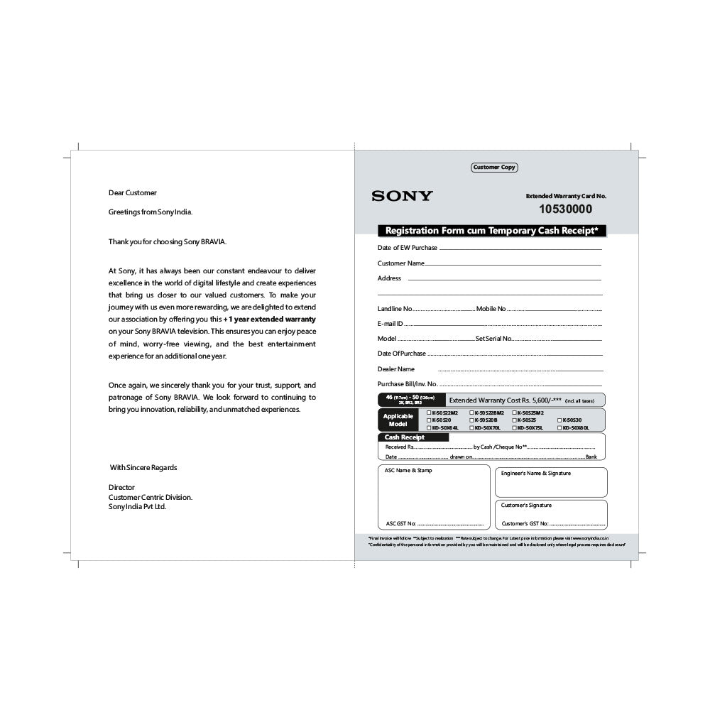 SONY BRAVIA +1Yr LCDEW 117cm(46)-126cm(50)(2K/BR2/BR3)