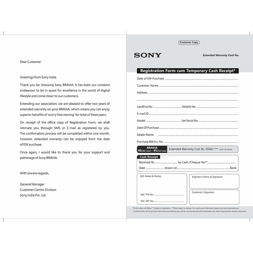 SONY BRAVIA +2 Year Extended Warranty-102cm (40) – 112cm (45)