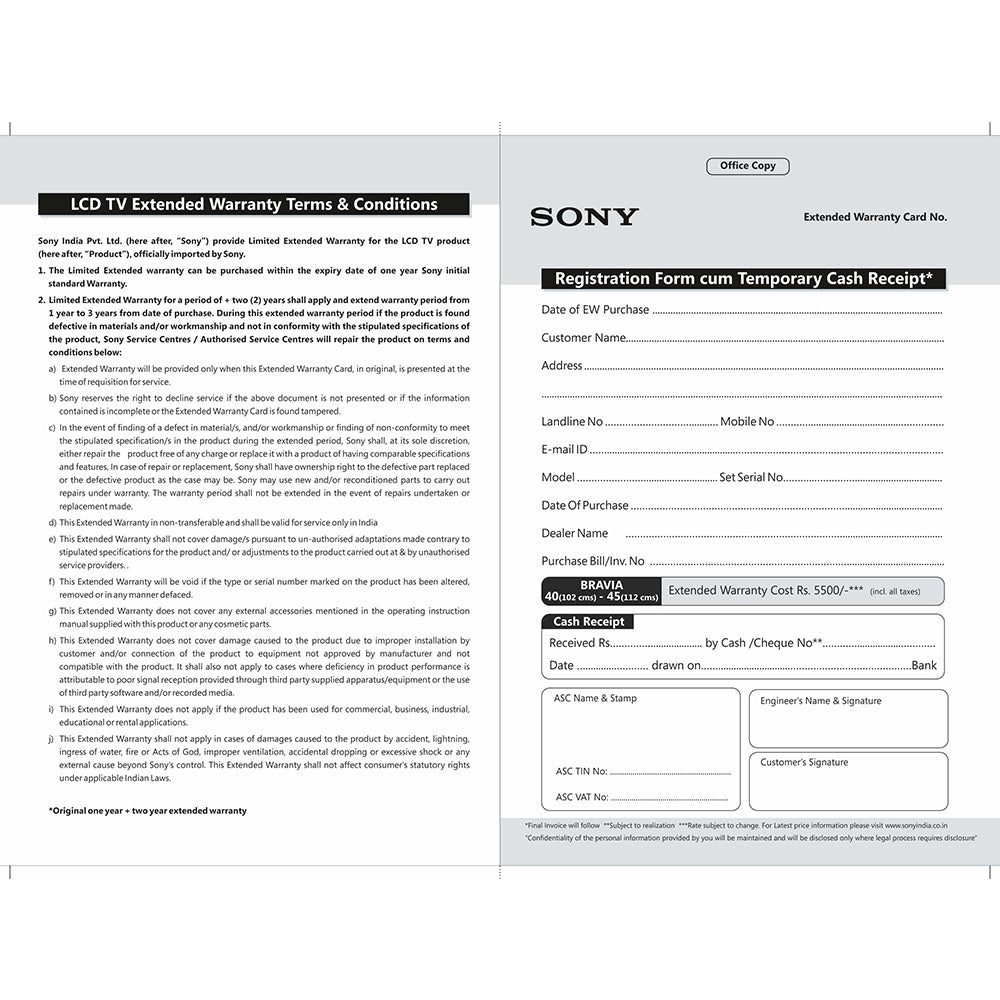 SONY BRAVIA +2 Year Extended Warranty-102cm (40) – 112cm (45)