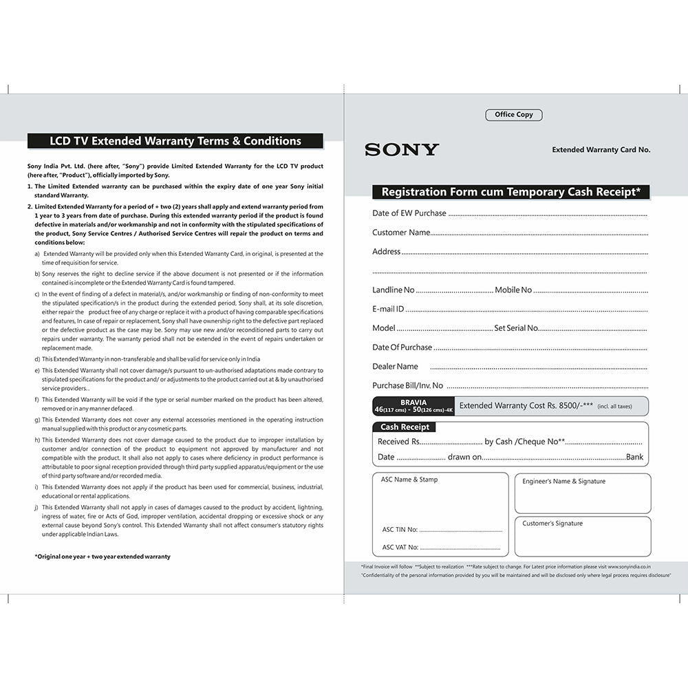 SONY BRAVIA +2 Year Extended Warranty-117cm (46) – 126cm(50) 4K