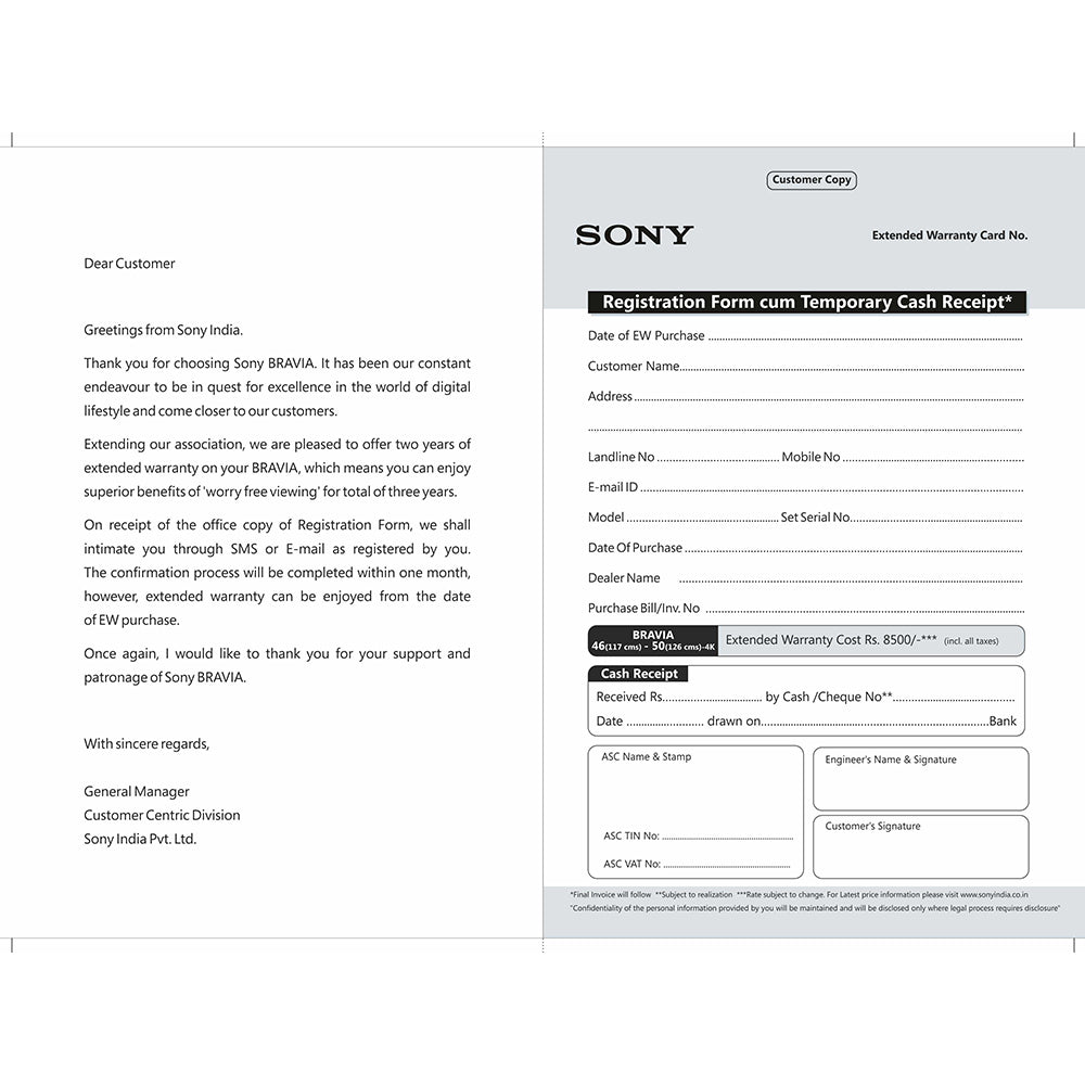 SONY BRAVIA +2 Year Extended Warranty-117cm (46) – 126cm(50) 4K