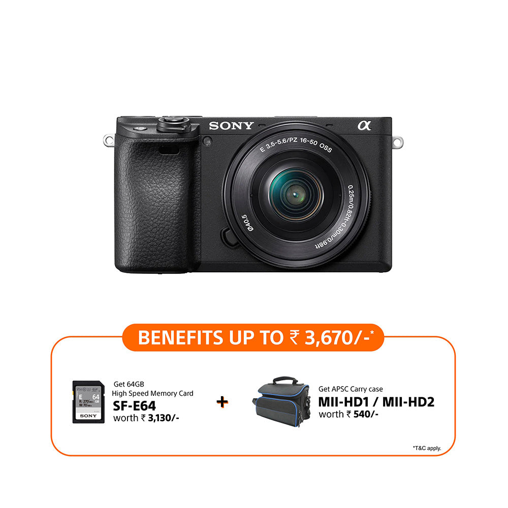 Sony Alpha 6400 E-mount camera with APS-C sensor (ILCE-6400L) | 24.2 MP Mirrorless Camera, 11 FPS, 4K/30p, with a 16-50mm Power Zoom lens.