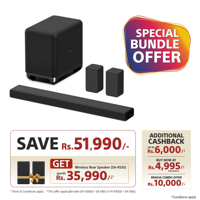 Sony HT-A3000 3.1ch 360 Spatial Sound Mapping SoundbarHome theatre system with Dolby Atmos and wireless Subwoofer SA-SW5 ( 550W,Bluetooth, Hi Res Audio, 360 RA,HDMI eArc & Optical Connectivity)