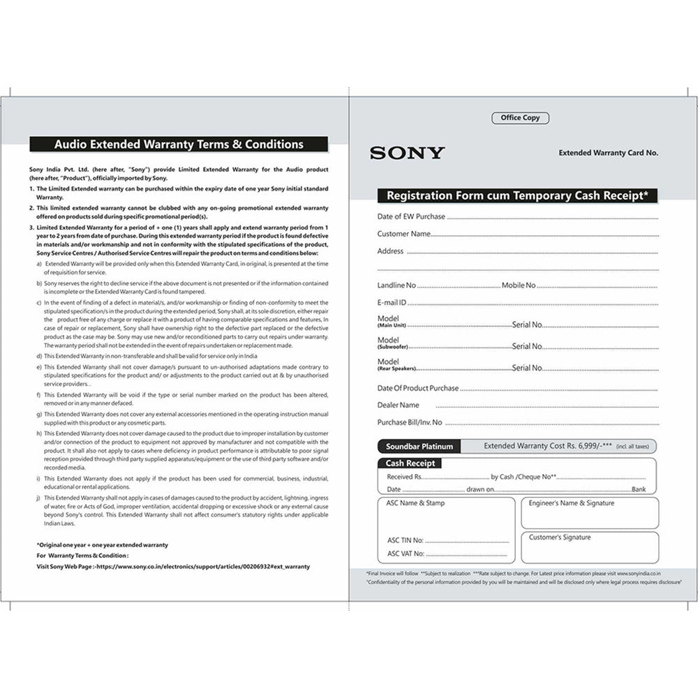 SONY AUDIO +1 Year Extended Warranty-Soundbar Platinum