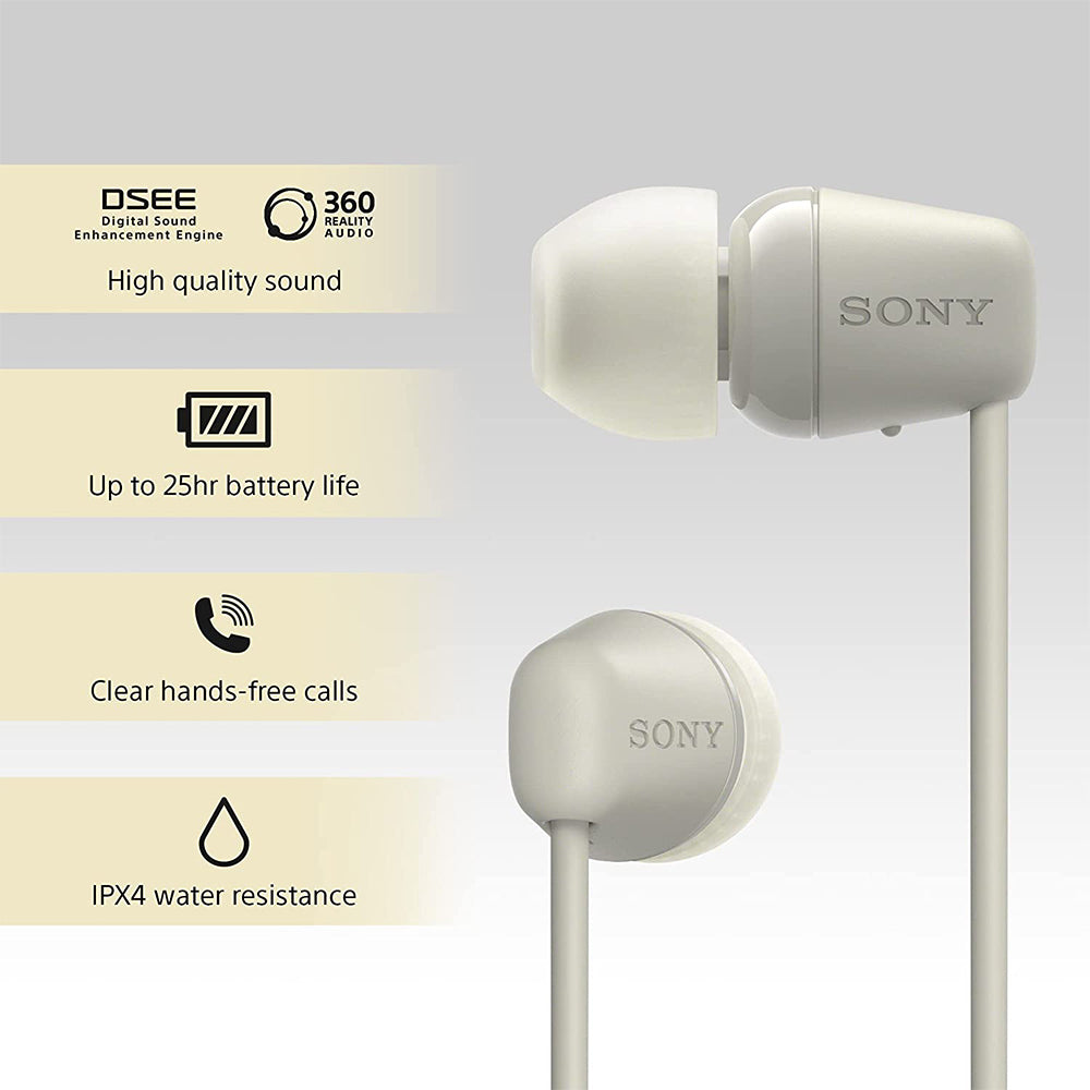 Sony WI-C100 Wireless Headphones with 25 Hrs Battery, Quick Charge, DSEE-Upscale, Splash Proof (IPX4), 360RA, Clear Bass, Fast Pair, in-Ear Bluetooth Headset with mic for Phone Calls & Music