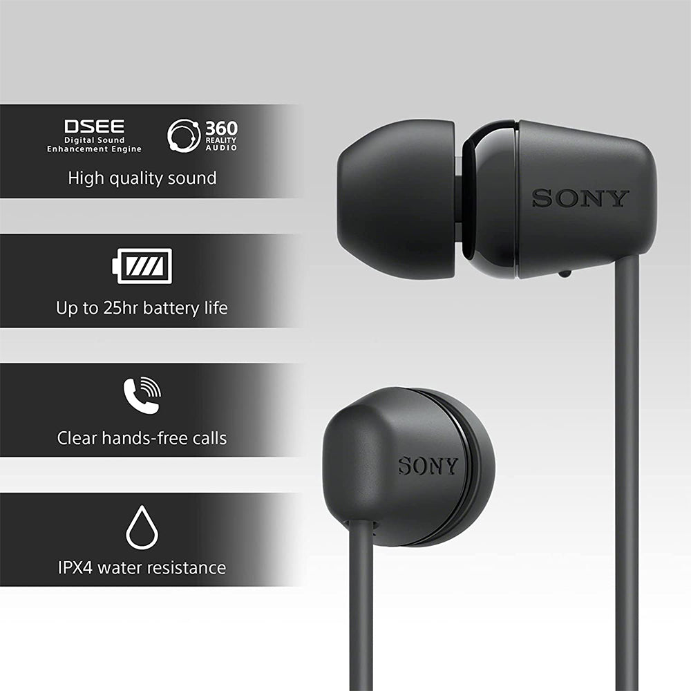 Sony WI-C100 Wireless Headphones with 25 Hrs Battery, Quick Charge, DSEE-Upscale, Splash Proof (IPX4), 360RA, Clear Bass, Fast Pair, in-Ear Bluetooth Headset with mic for Phone Calls & Music