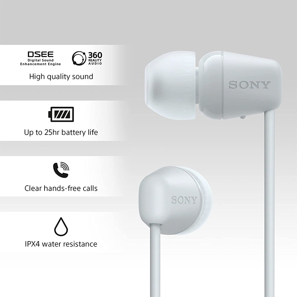 Sony WI-C100 Wireless Headphones with 25 Hrs Battery, Quick Charge, DSEE-Upscale, Splash Proof (IPX4), 360RA, Clear Bass, Fast Pair, in-Ear Bluetooth Headset with mic for Phone Calls & Music