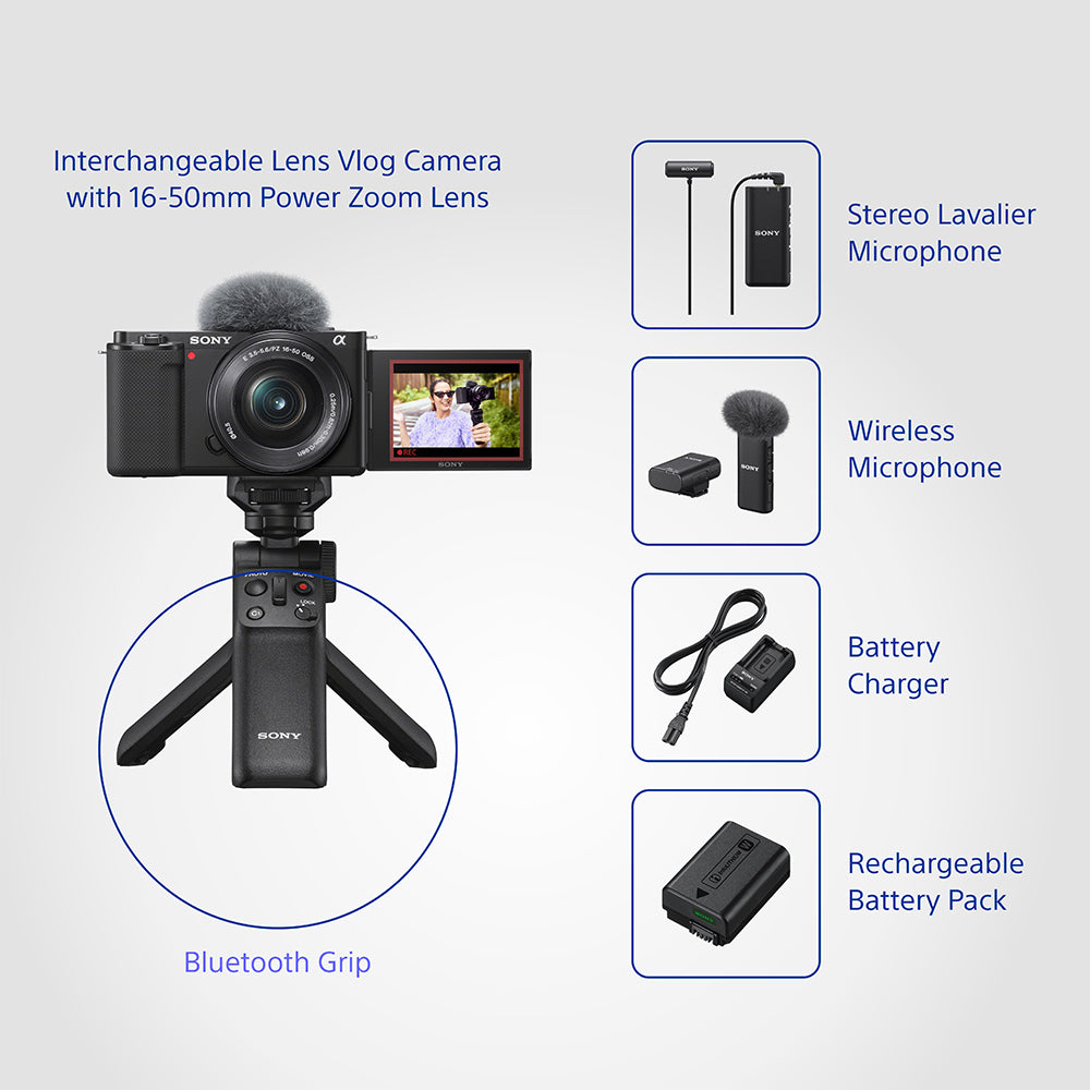 Sony ZV-E10L Vlogging Kit with 16-50mm Power Zoom Lens, Wireless Microphone (ECM-W2BT), Lavalier Microphone (ECM-LV1), Bluetooth Grip (GP-VPT2BT), Battery charger (BC-TRW), Rechargeable Battery Pack (NP-FW50)