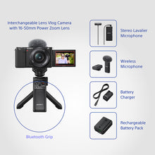 Load image into Gallery viewer, Sony ZV-E10L Vlogging Kit with 16-50mm Power Zoom Lens, Wireless Microphone (ECM-W2BT), Lavalier Microphone (ECM-LV1), Bluetooth Grip (GP-VPT2BT), Battery charger (BC-TRW), Rechargeable Battery Pack (NP-FW50)